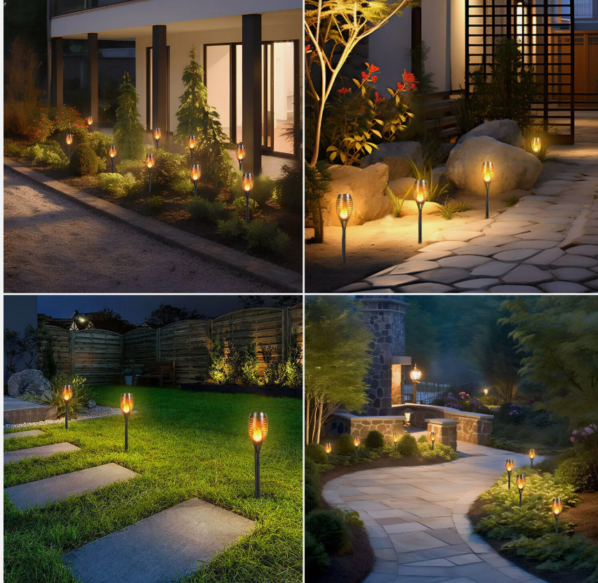 4x Flame Effect Solar Outdoor Lights Stake Garden Path Flickering LED Torch Lamp