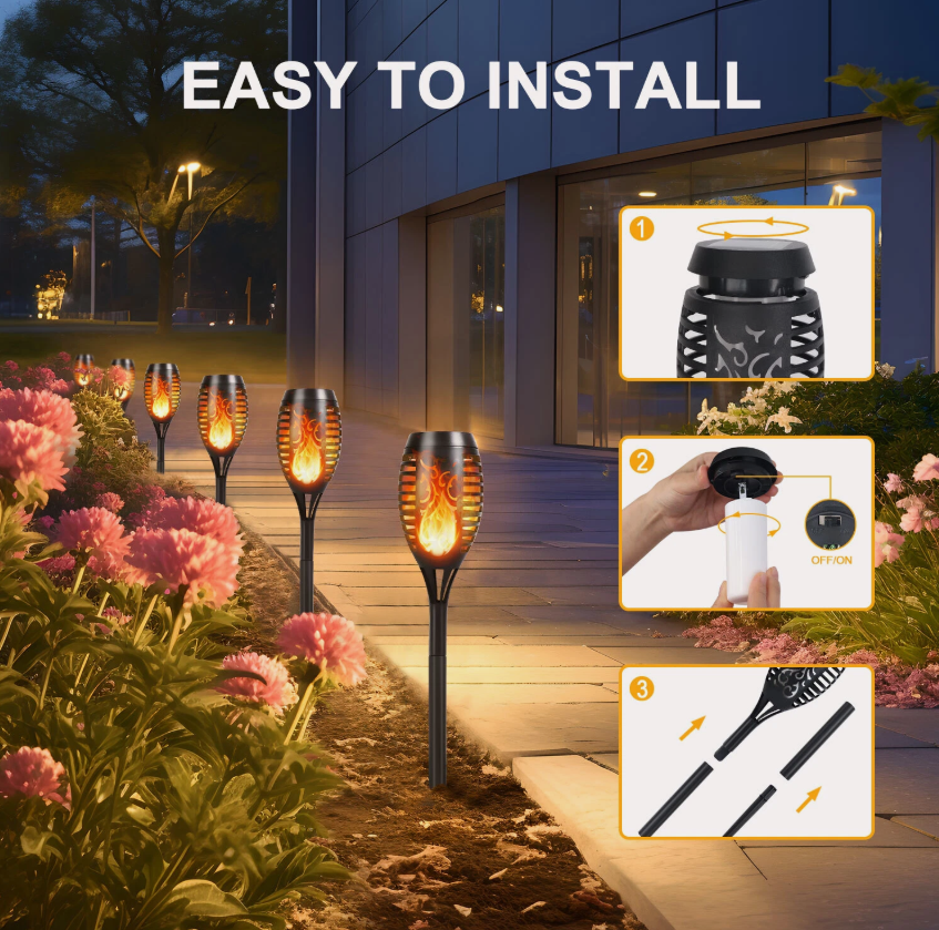 4x Flame Effect Solar Outdoor Lights Stake Garden Path Flickering LED Torch Lamp
