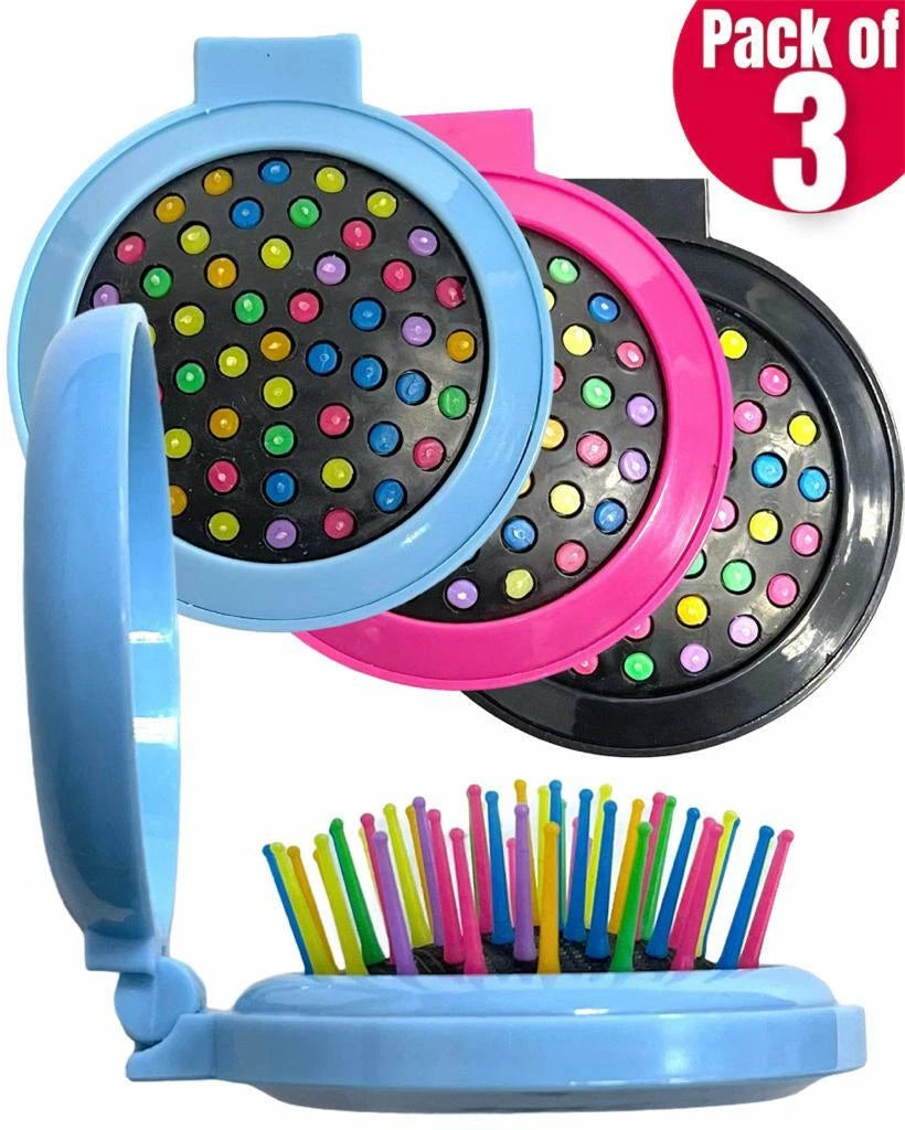 3Pc Portable Travel Folding Hair Brush With Mirror Pocket Size Comb Handbag Size