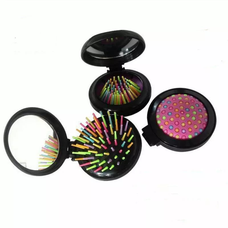 3Pc Portable Travel Folding Hair Brush With Mirror Pocket Size Comb Handbag Size
