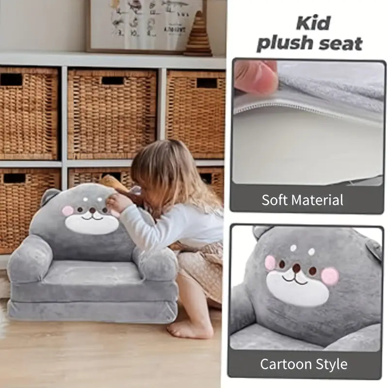 Kids Sofa Cartoon Gray Dog Style Foldable Wide Handle Soft Breathable Toddler UK for Reading Relaxing Sleeping (2 Layers)