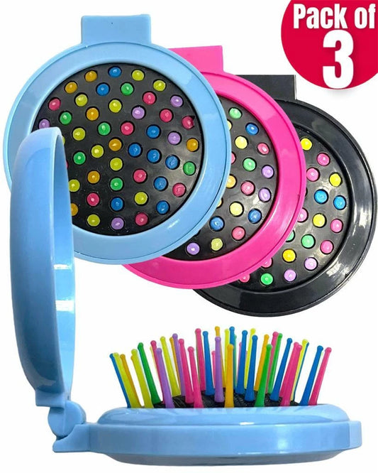 3Pc Portable Travel Folding Hair Brush With Mirror Pocket Size Comb Handbag Size