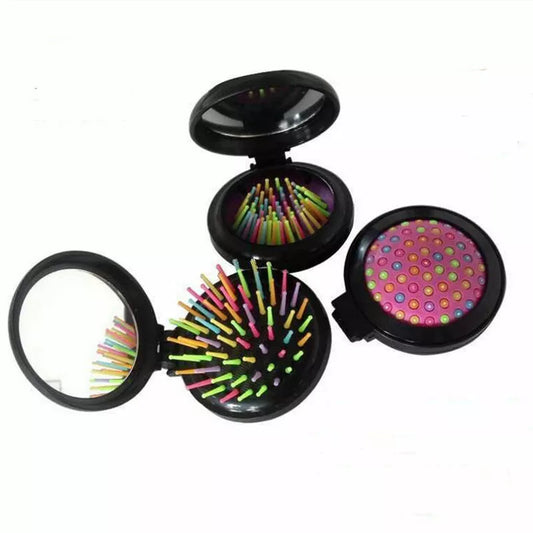 3Pc Portable Travel Folding Hair Brush With Mirror Pocket Size Comb Handbag Size