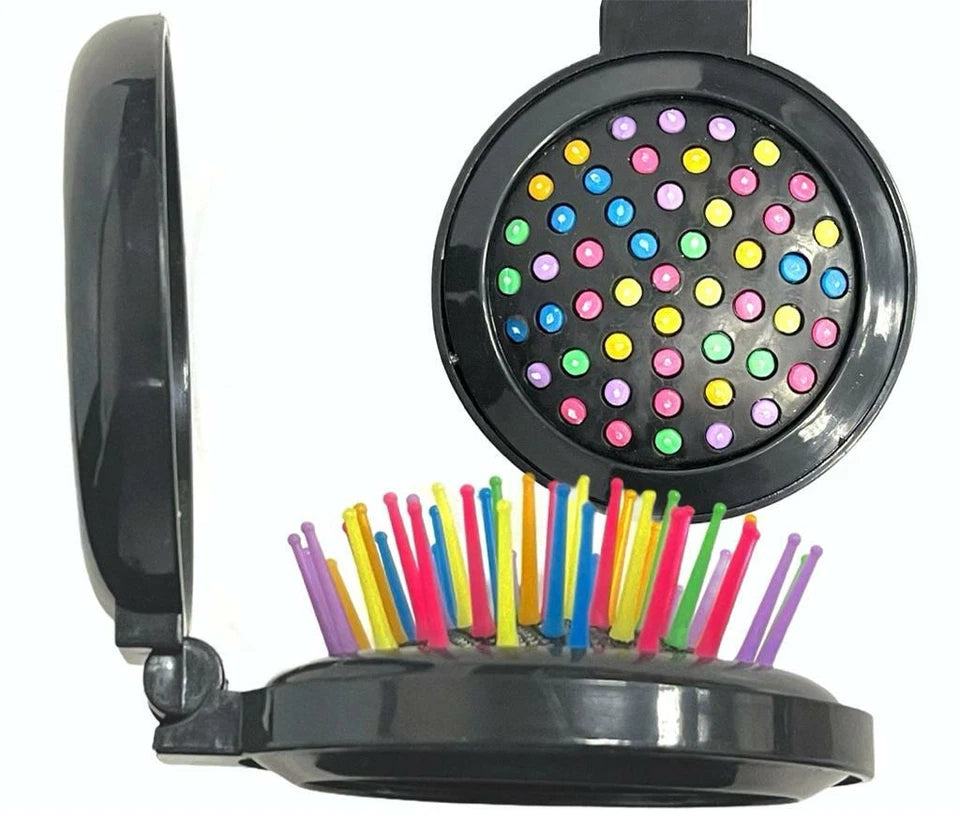 3Pc Portable Travel Folding Hair Brush With Mirror Pocket Size Comb Handbag Size