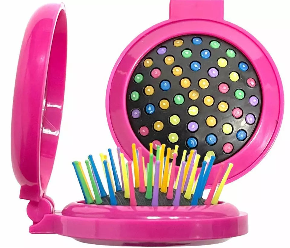 3Pc Portable Travel Folding Hair Brush With Mirror Pocket Size Comb Handbag Size