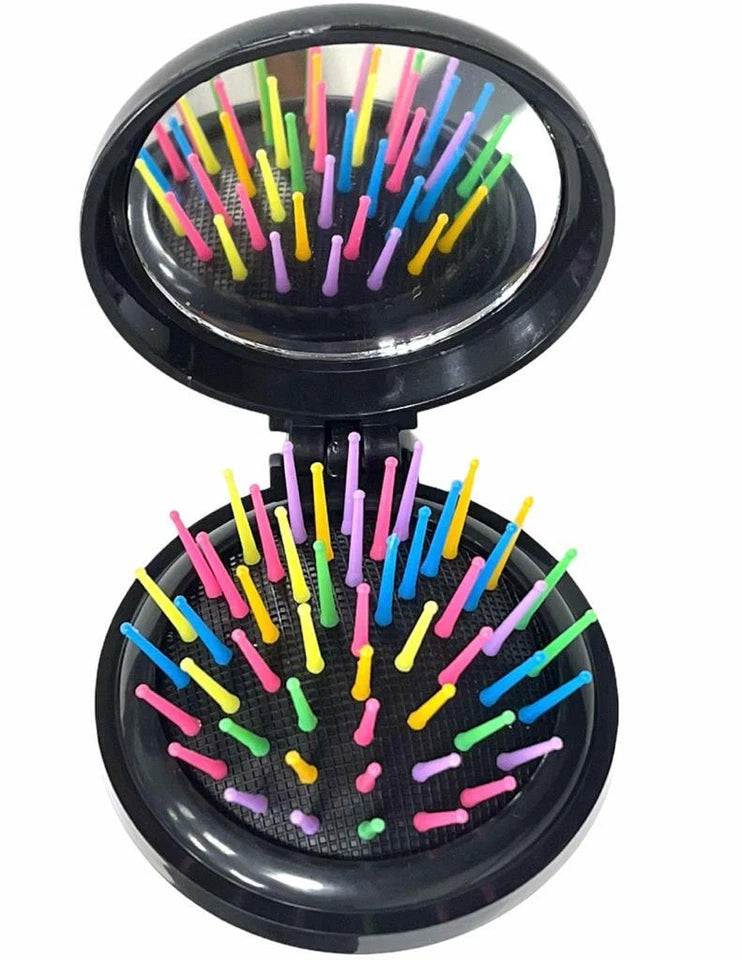 3Pc Portable Travel Folding Hair Brush With Mirror Pocket Size Comb Handbag Size